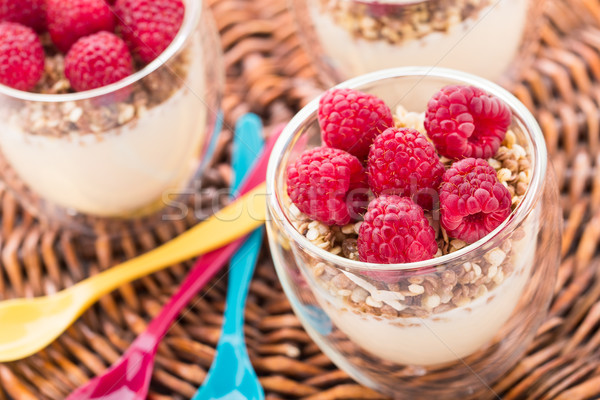 Yogurt with muesli and fresh raspberries Stock photo © vankad