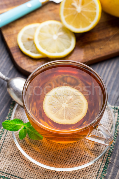 Tasse Tee mint Zitrone Holztisch Frühstück Stock foto © vankad