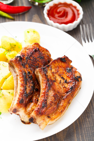 Foto stock: Frito · cerdo · lomo · papa · placa · cena