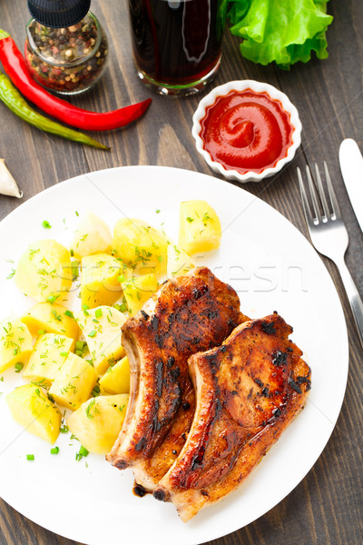 Schweinefleisch Lende Kartoffel Platte Abendessen Stock foto © vankad