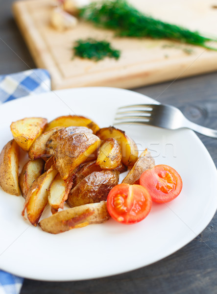 [[stock_photo]]: Frit · de · pomme · de · terre · tomate · cerise · plaque · alimentaire · bleu