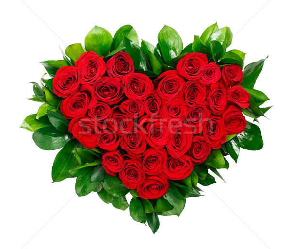Stock fotó: Szív · alakú · virágcsokor · vörös · rózsák · izolált · fehér