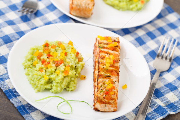 Creamy avocado rice with grilled salmon Stock photo © vankad