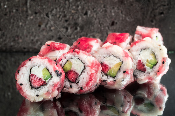 Tuna scallop roll with strawberry and avocado Stock photo © vankad