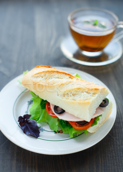 Stockfoto: Baguettes · ham · groenten · sandwich · tabel · brood
