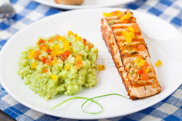 Creamy avocado rice with grilled salmon Stock photo © vankad