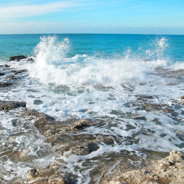 Foto d'archivio: Grande · onda · rocce · blu · mare · panorama