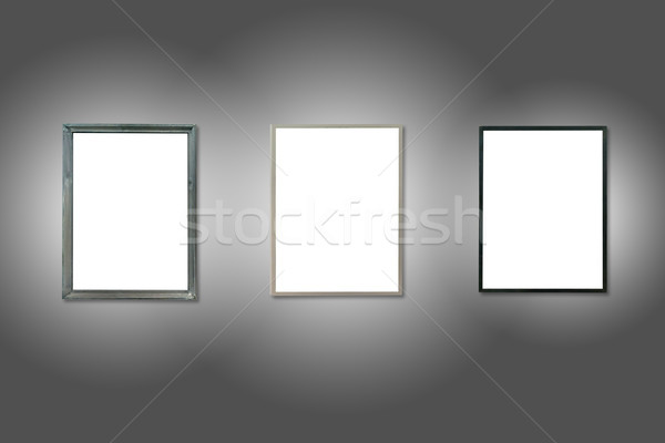 Foto stock: Três · branco · isolado · quadros · cinza