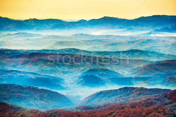 Stockfoto: Mooie · Blauw · bergen · heuvels · zonsondergang · tijd