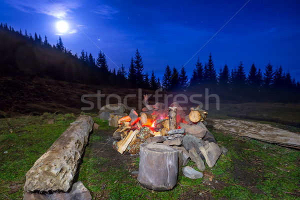 Foc de tabara noapte pădure albastru întuneric cer Imagine de stoc © vapi