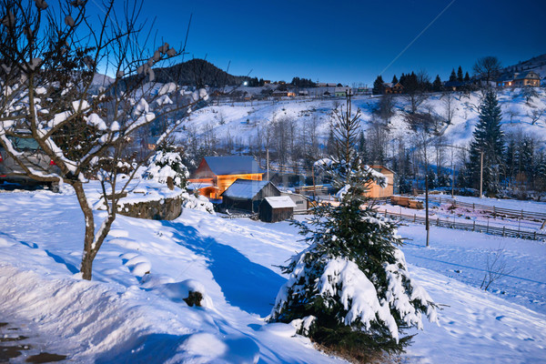 Stockfoto: Houten · huis · sneeuw · winter · nacht · huizen