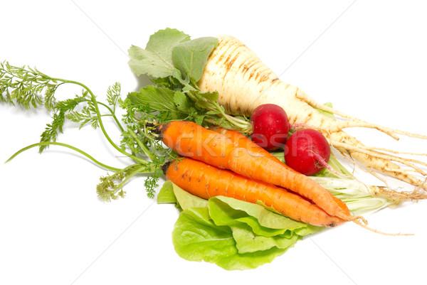 Carrots, radishes and  parsnip with green lettuce isolated on wh Stock photo © vapi