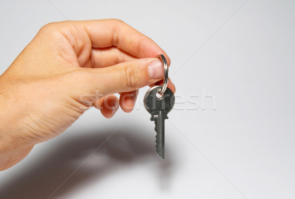 Silver key in a hand on gray background. Stock photo © vapi