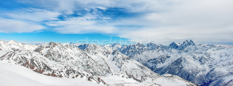 [[stock_photo]]: Panorama · hiver · montagnes · neige · paysage · ciel · bleu