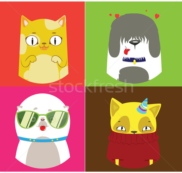 Stock photo: Pattern of four dogs and cats illustrations. Cute vector set.