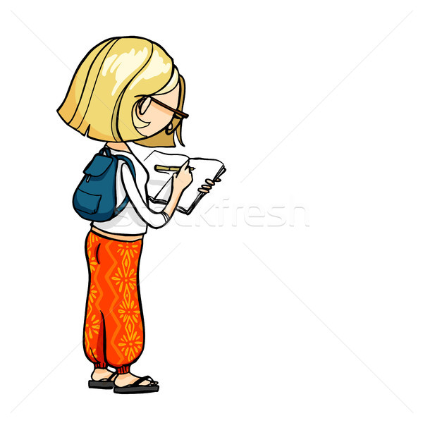 Cartoon girl drawing in sketchbook while traveling.  Stock photo © vasilixa