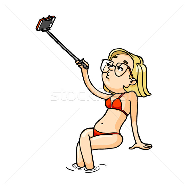 Funny cartoon girl in red swimsuit taking selfie with monopod Stock photo © vasilixa