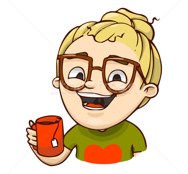 Stock photo: Happy smiling girl with red cup of tea. Vector true story sticker illustration.