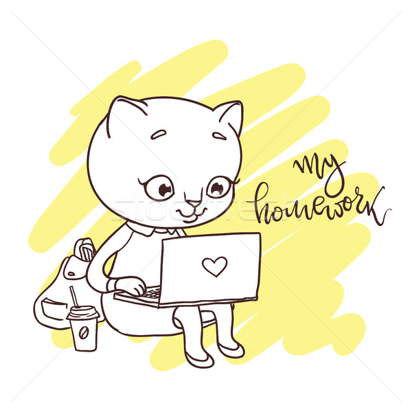 Cute poesje laptop opschrift mijn huiswerk Stockfoto © vasilixa