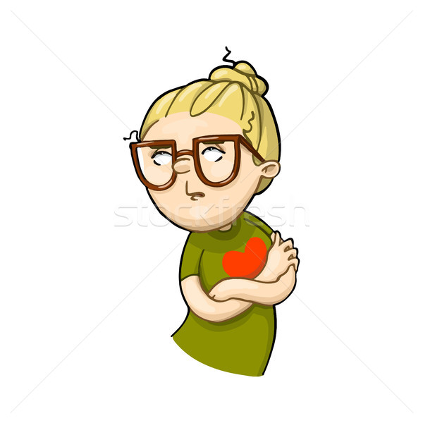 Funny eyes rolling cartoon girl crossing arms over her chest. Stock photo © vasilixa