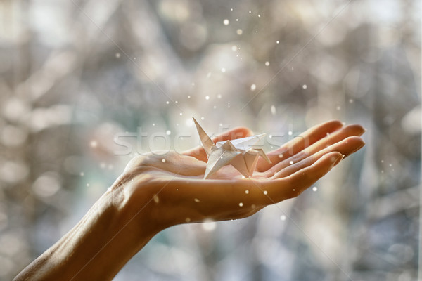 Fabulous paper crane in the palm of your hand Stock photo © vasilixa