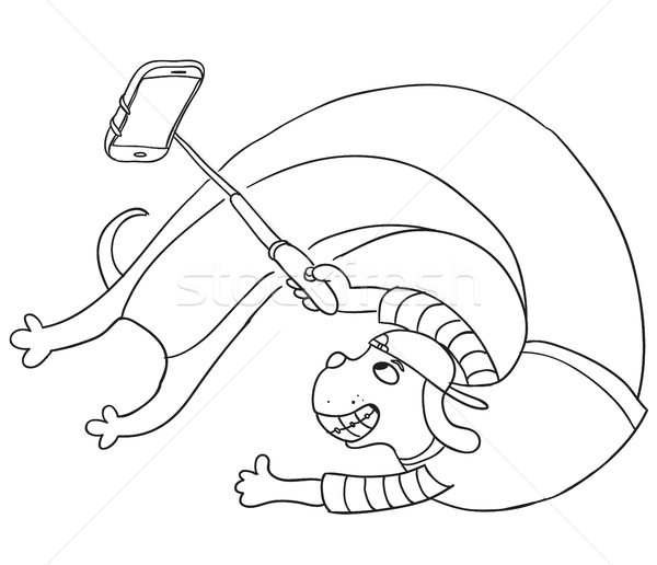 Stock photo: Funny dog taking selfie with monopod. Hand drawn vector sketch.