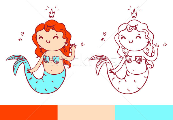 Coloring book page with little mermaid. Vector printable temlate Stock photo © vasilixa