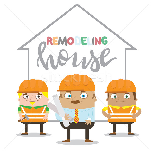 Colorful construction workers in helmets for different house remodeling. Remodeling house Stock photo © vasilixa