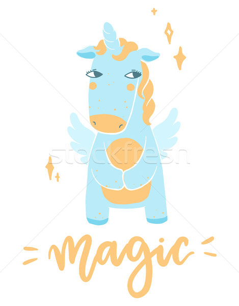 Scandinavian style hand drawn unicorn with magic lettering. Vector funny illustration with fairytale Stock photo © vasilixa