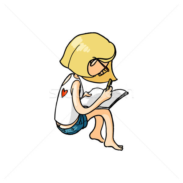 Cartoon girl drawing in sketchbook.  Stock photo © vasilixa