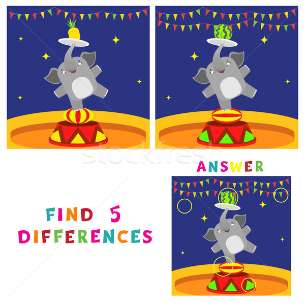Find five differences children educational game. Vector illustration of elephant in circus. Stock photo © vasilixa