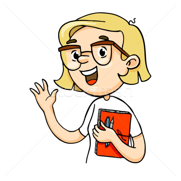 Clever cartoon girl talking important things with finger up. Stock photo © vasilixa