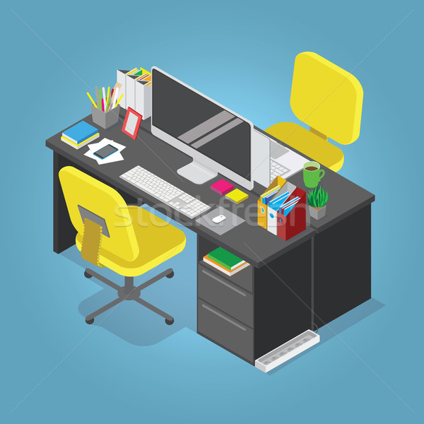 Isometric office concept vector illustration. Workplaces interior set: office table, modern chair Stock photo © vasilixa