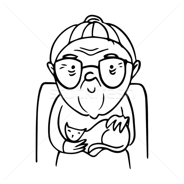 Old lady with glasses stroking a cat. Vector isolated contour Stock photo © vasilixa