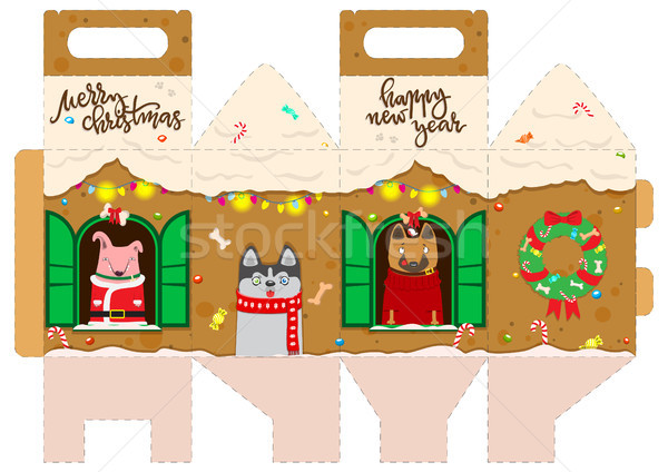 Printable gift gingerbread house with happy dogs. New Year Decor Stock photo © vasilixa