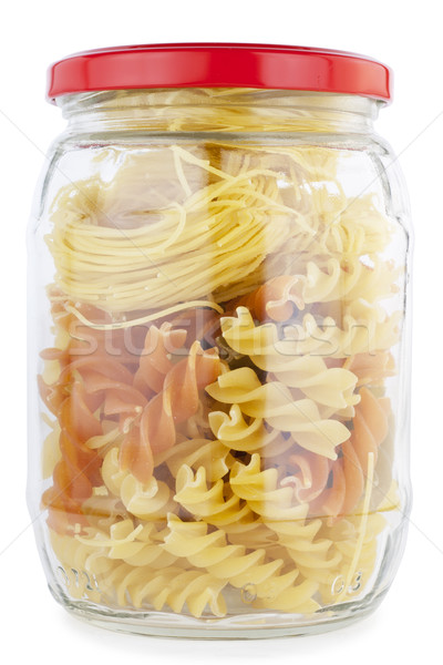 Stockfoto: Glas · jar · macaroni · macro · geïsoleerd · witte