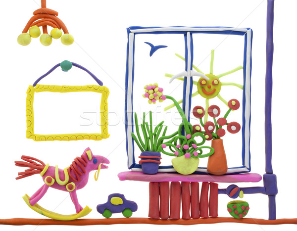 окна стоять цветы коллаж игрушками изолированный Сток-фото © vavlt