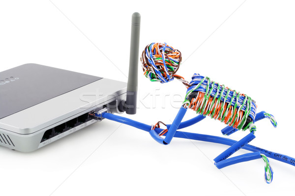 Człowiek wifi Internetu mały kabel komputerowy masa Zdjęcia stock © vavlt