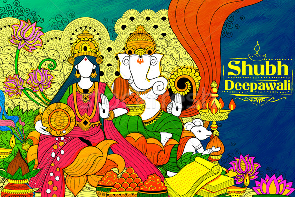 Goddess Lakshmi and Lord Ganesha on happy Diwali Holiday doodle background for light festival of Ind Stock photo © vectomart