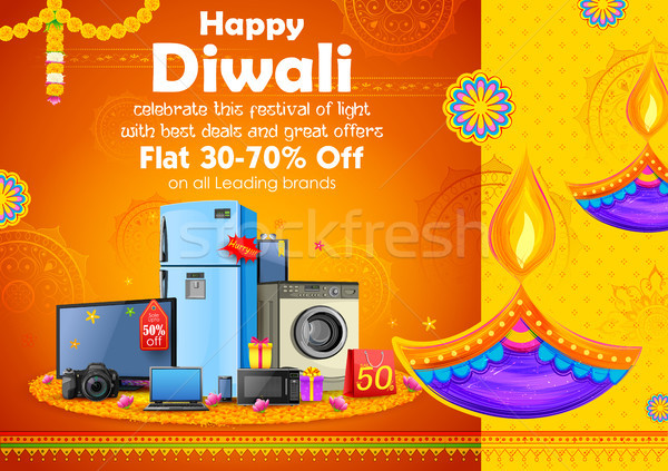 Burning diya on Happy Diwali Holiday Sale promotion advertisement background for light festival of I Stock photo © vectomart