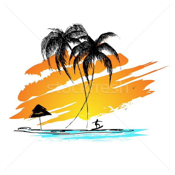 Foto stock: Mar · playa · ilustración · puesta · de · sol · vista · surfista