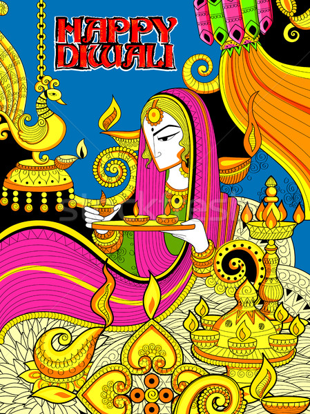 Burning diya on happy Diwali Holiday doodle background for light festival of India Stock photo © vectomart