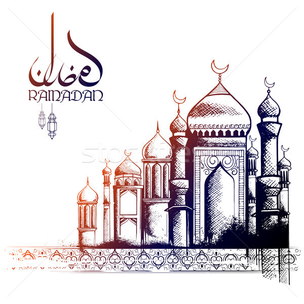 Ramadan Kareem Generous Ramadan greetings in Arabic freehand with mosque Stock photo © vectomart