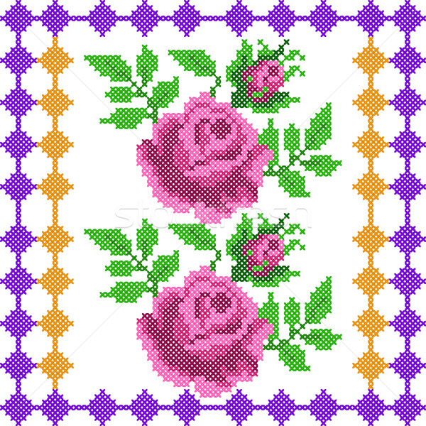 Cross Stitch Embroidery Rose Floral design for seamless pattern texture Stock photo © vectomart