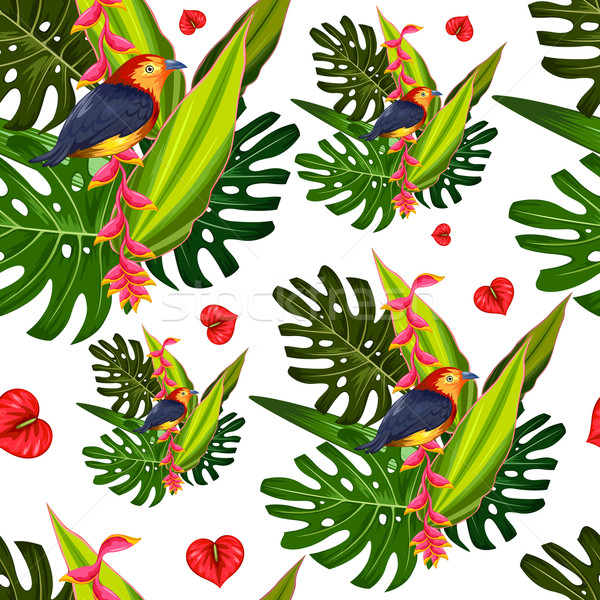 Seamless Pattern with Exotic Tropical Flower and colorful bird Stock photo © vectomart