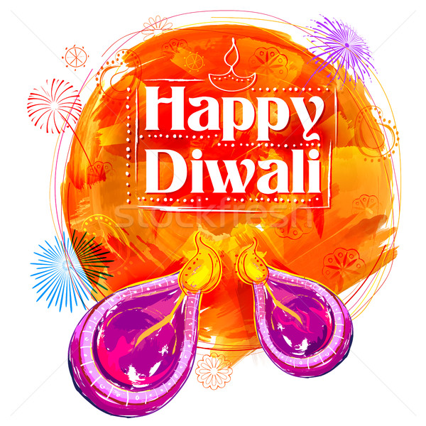 Burning watercolor diya on Happy Diwali Holiday background for light festival of India Stock photo © vectomart