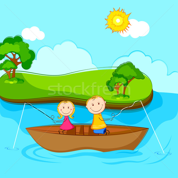 Kinder Fischerei Illustration Sitzung Boot Sonne Stock foto © vectomart