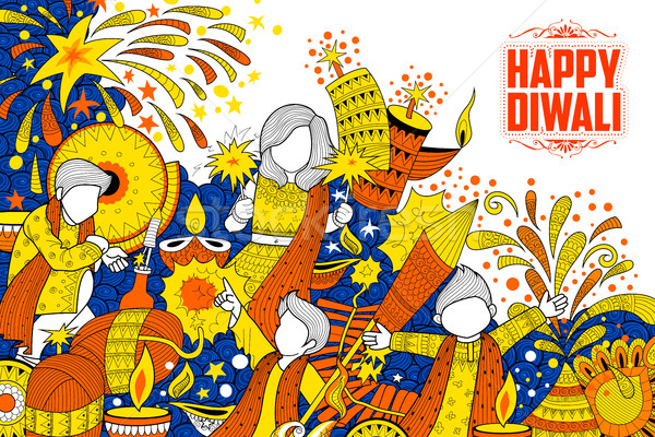 Kid celebrating happy Diwali Holiday doodle background for light festival of India Stock photo © vectomart
