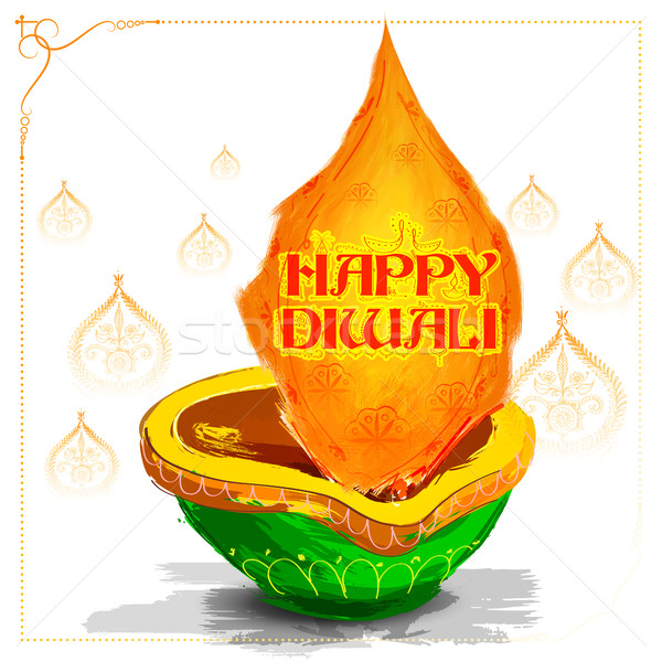 Stock photo: Burning watercolor diya on happy Diwali Holiday background for light festival of India