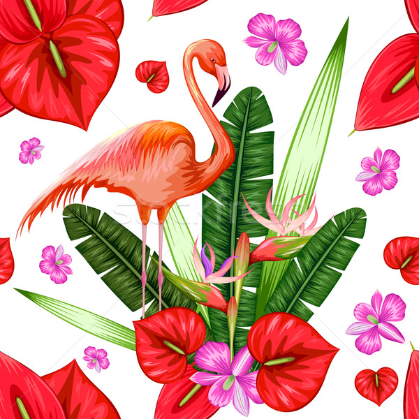 Seamless Pattern with Exotic Tropical Flower and Flamingo Stock photo © vectomart